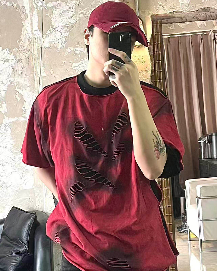 Spray Paint Distressed Layered Streetwear T-Shirt