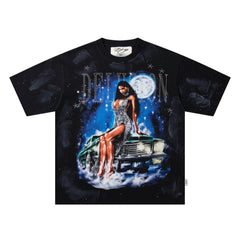 BKYS Moon Lady Classic Car Rhinestone Black Oversized Graphic T-Shirt