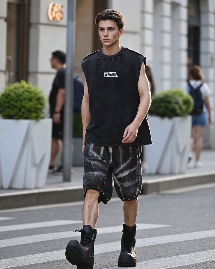 Dark Techwear Elastic-Waist Deconstructed Shorts