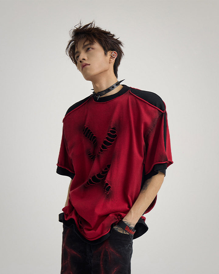 Spray Paint Distressed Layered Streetwear T-Shirt