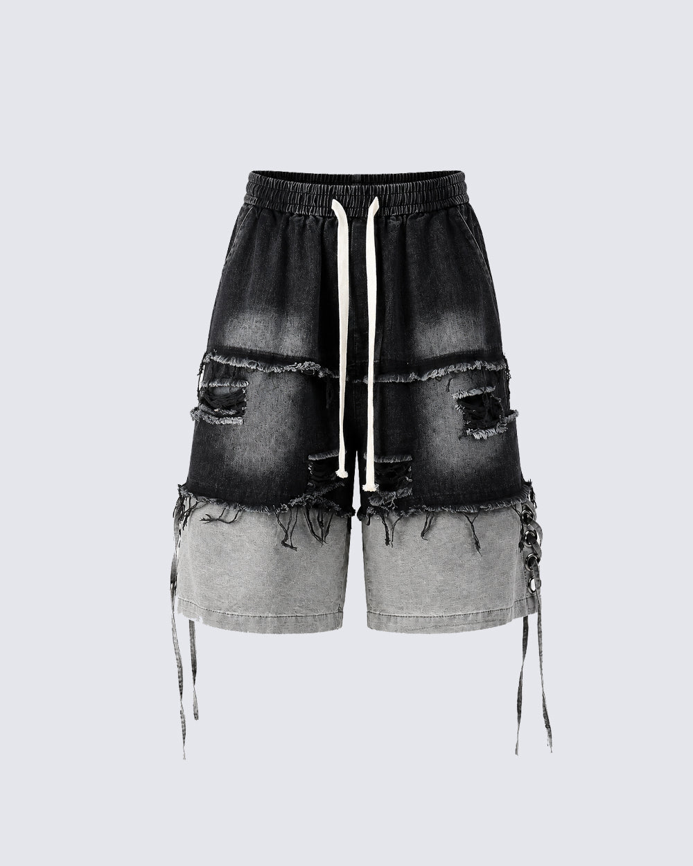Street-Edge Distressed Frayed Patch Denim Shorts