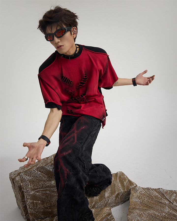 Spray Paint Distressed Layered Streetwear T-Shirt