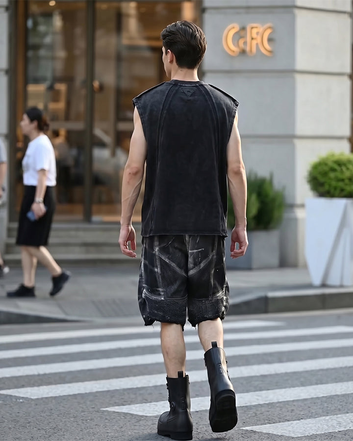 Dark Techwear Elastic-Waist Deconstructed Shorts