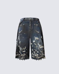 Destroyed Raw-Hem Denim Bermuda Shorts