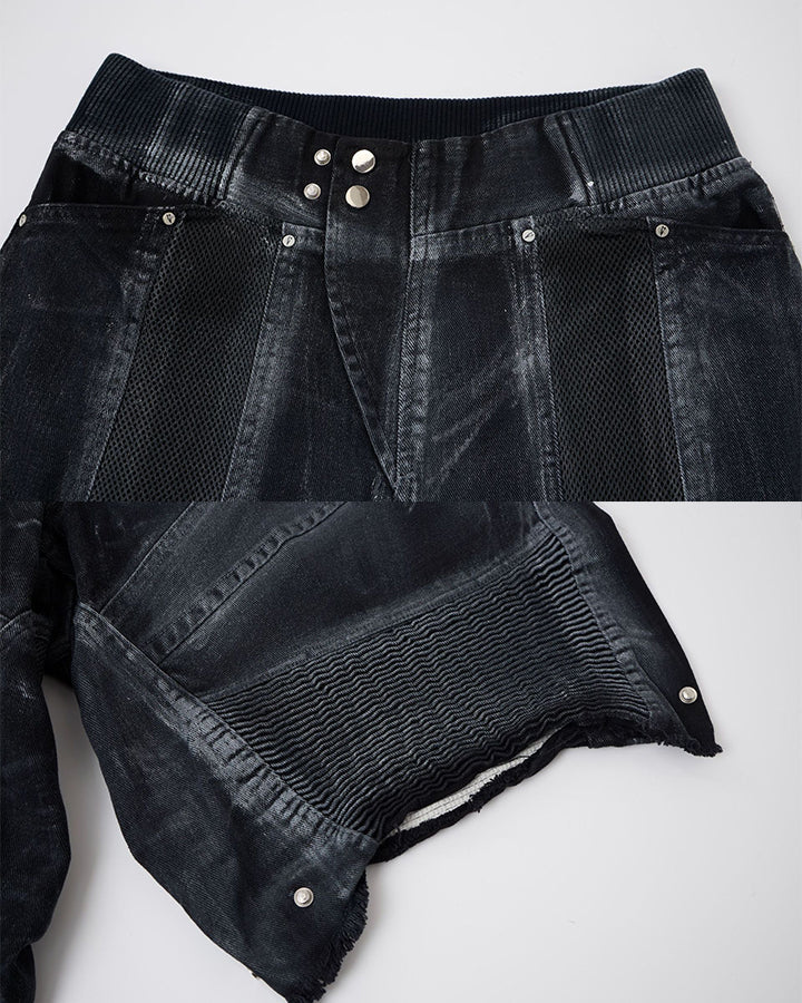 Dark Techwear Elastic-Waist Deconstructed Shorts