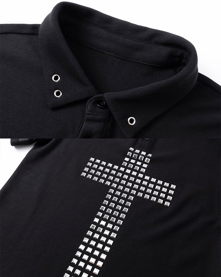 Dark Gothic Studded Cross Cropped Polo Shirt New