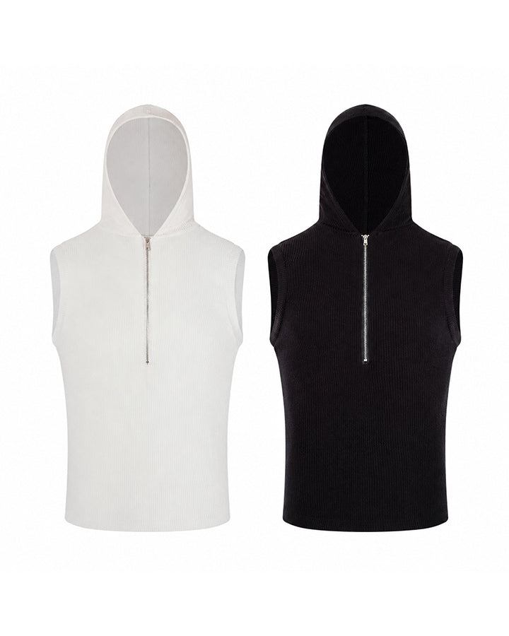 New Dark Ribbed Hooded Sleeveless Zip Knit Top