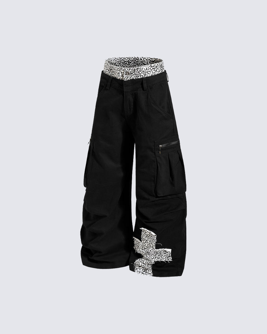 Y2K Leopard Double-Waist Patchwork Cargo Pants