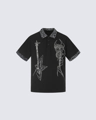 Dark Punk Leopard-Collar Graphic Polo Shirt