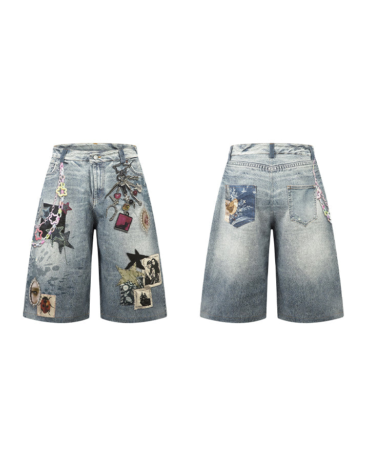 American Y2K Patchwork Denim Shorts