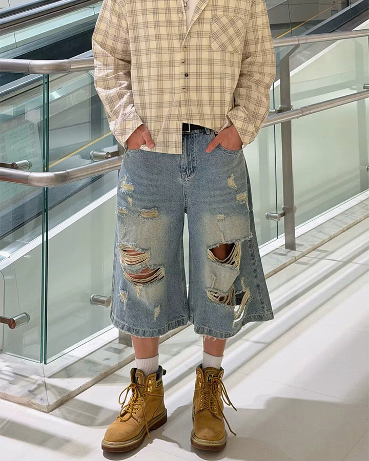 New Light Wash Distressed Wide Denim Shorts