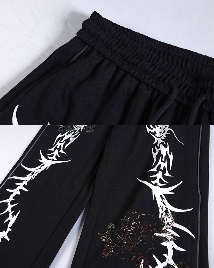 Y2K Dark Dragon Rose Rhinestone Straight Leg Sweatpants