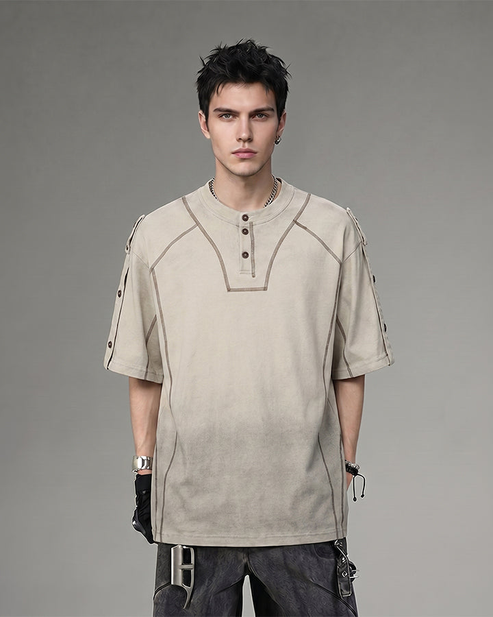 Utility Vintage Contrast Stitch Button Henley New Tee