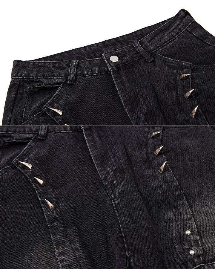 Dark Punk Deconstructed Rivet Panel Denim Pants