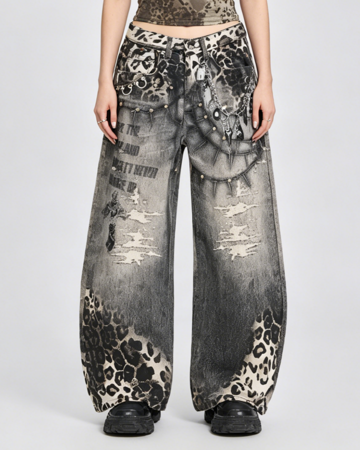Leopard Print Spiked Graphic Barrel Denim Pants