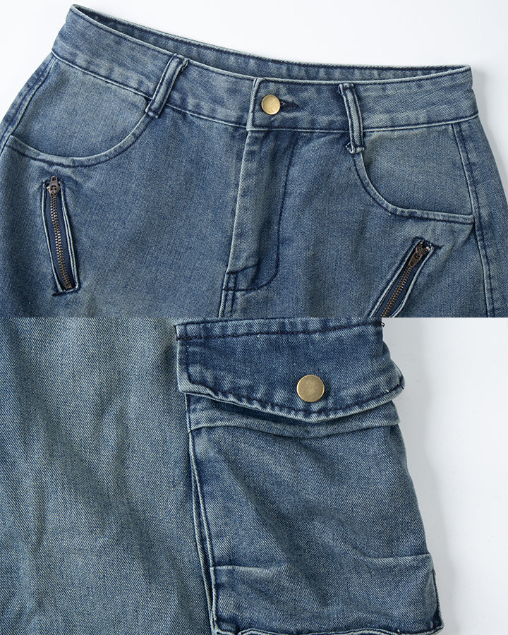 American Inverted Design Washed Cargo Denim Shorts