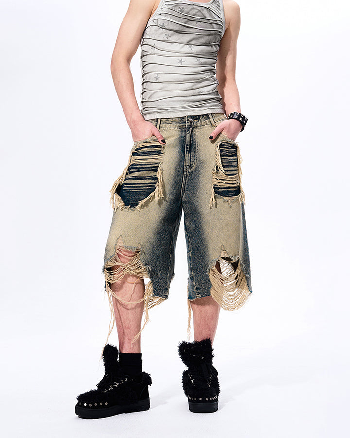 New Vintage Grunge Layered Ripped Denim Shorts