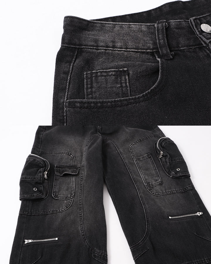 High-Street Multi-Pocket Straight-Leg Denim Pants