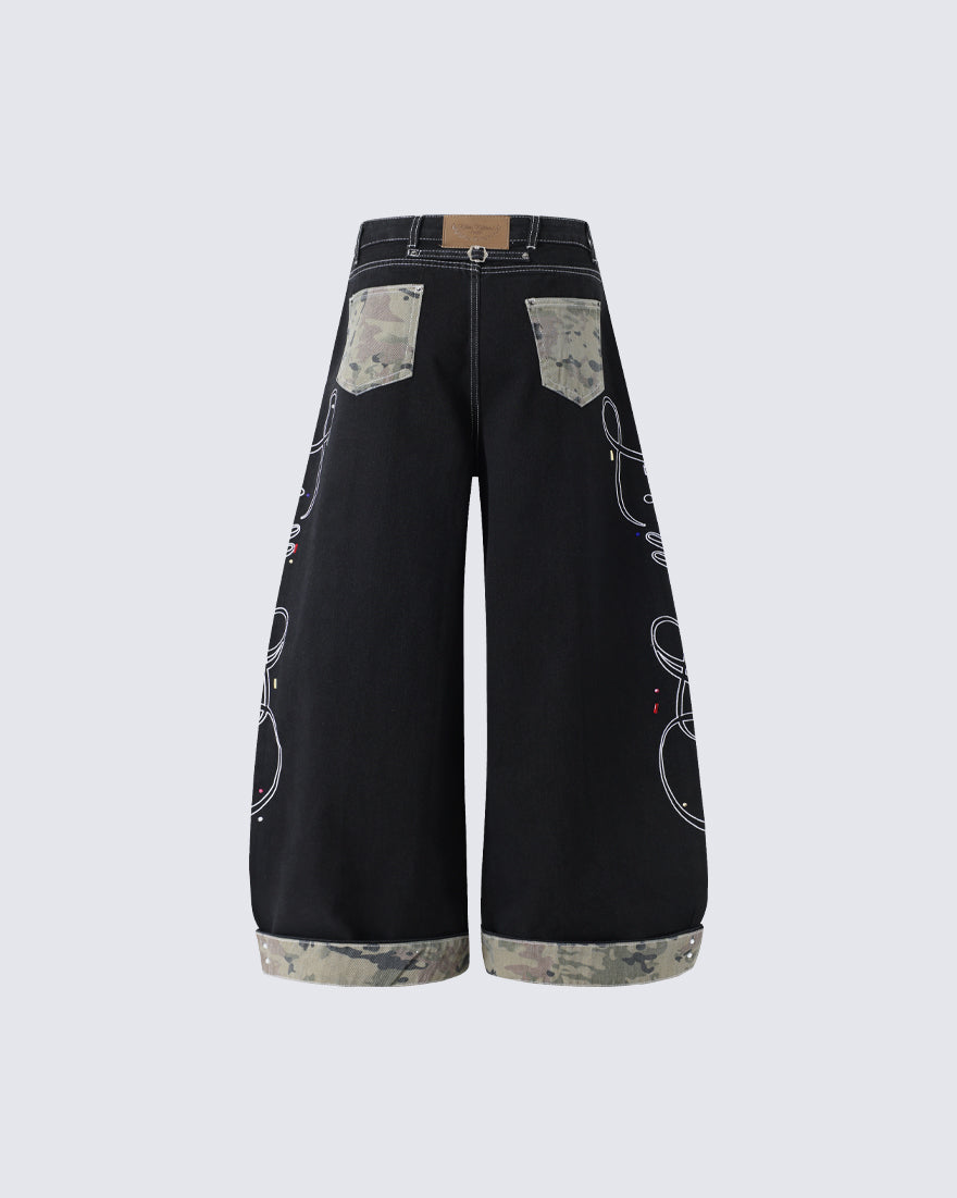 Vintage Camo Panel Wide Leg Denim Pants