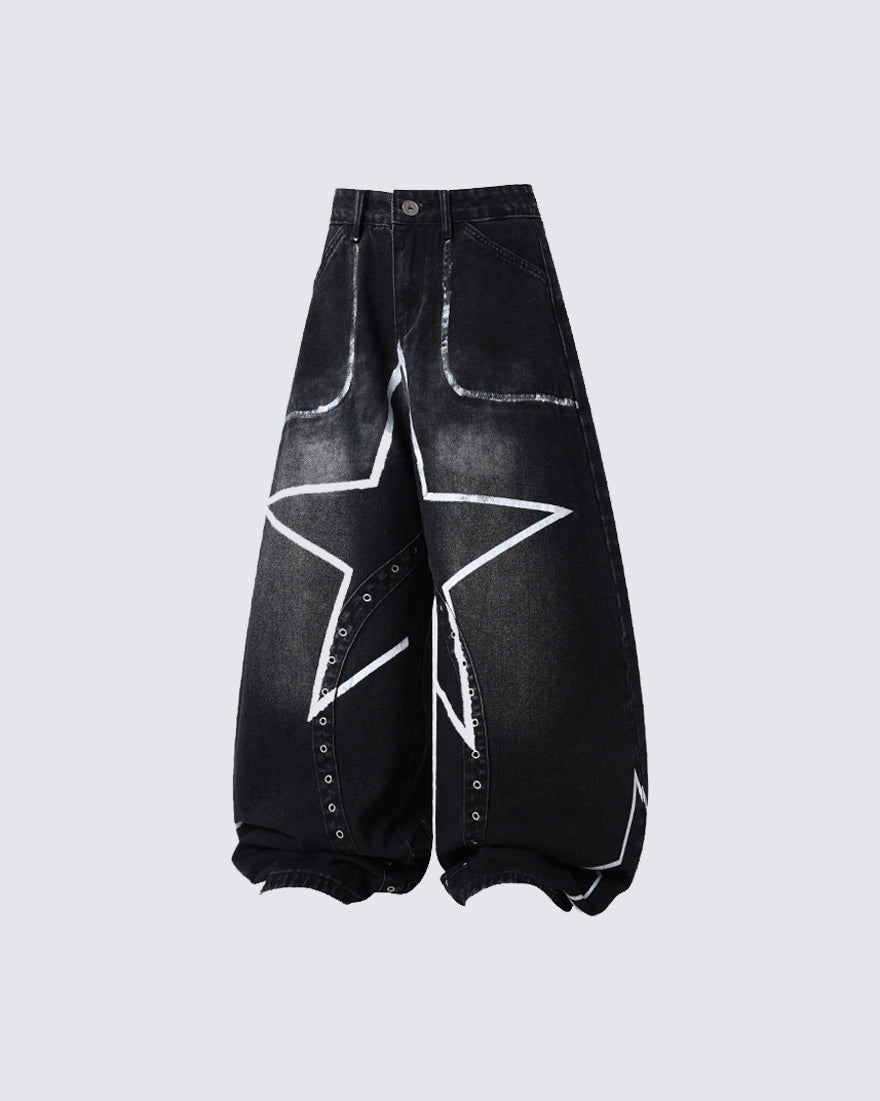 Oversized Star Print Wide Leg Denim Pants