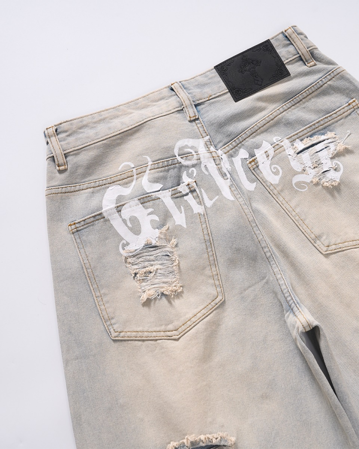 Pearl Rhinestone Ripped Barrel Washed Denim Pants