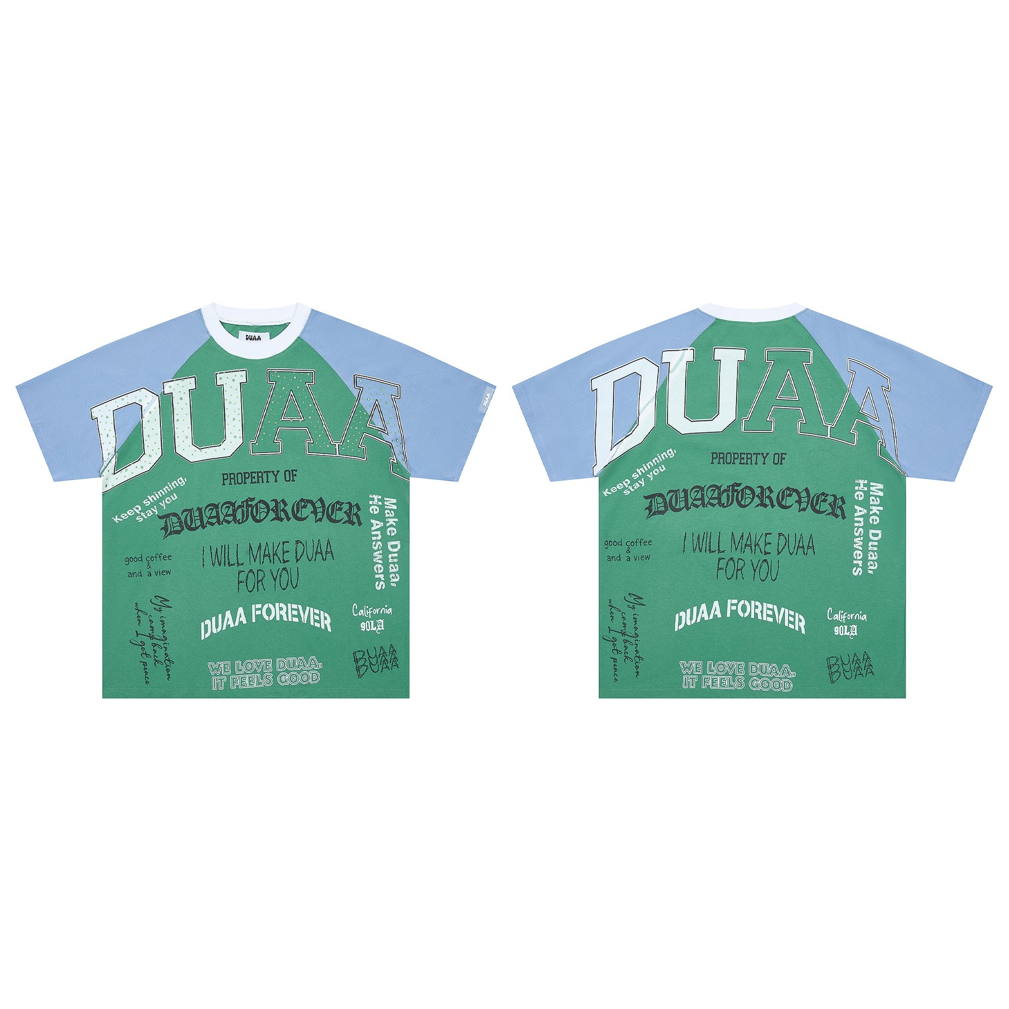 DUAA Green‑Blue Raglan Slogan Collage Street Tee