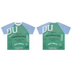 DUAA Green‑Blue Raglan Slogan Collage Street Tee