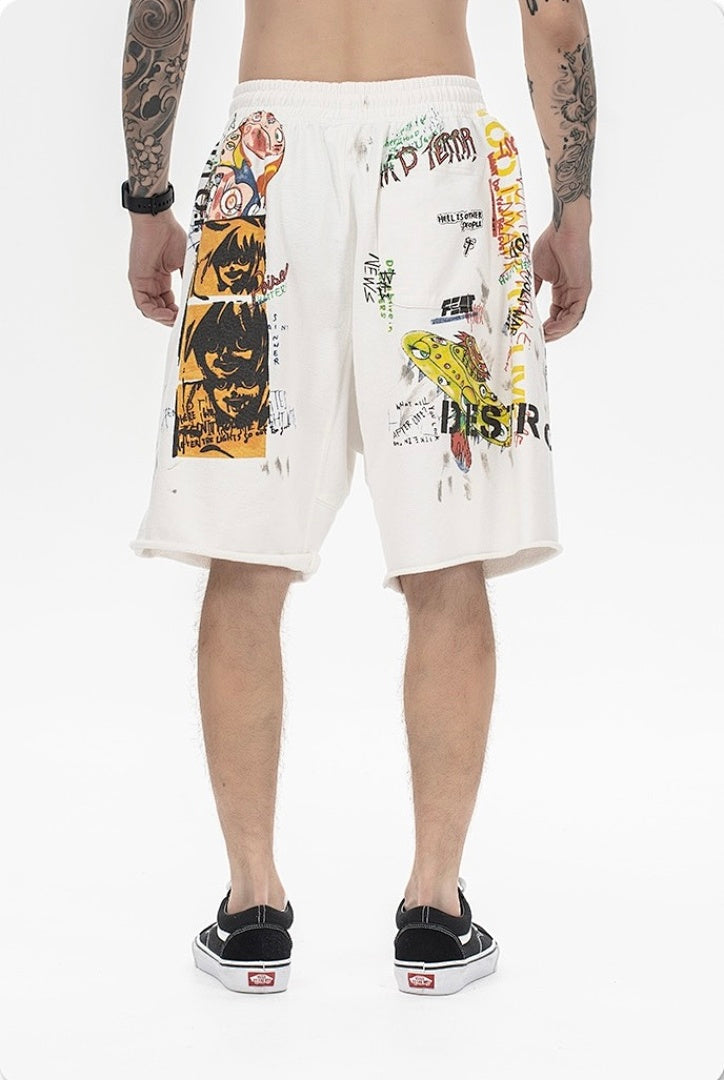 Saint Michael Graffiti Anime Graphic Collaged Sweat Shorts