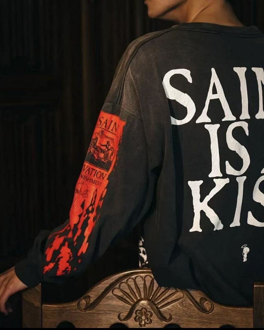 Saint Michael Graphic Art & Kiss Slogan Sweatshirt
