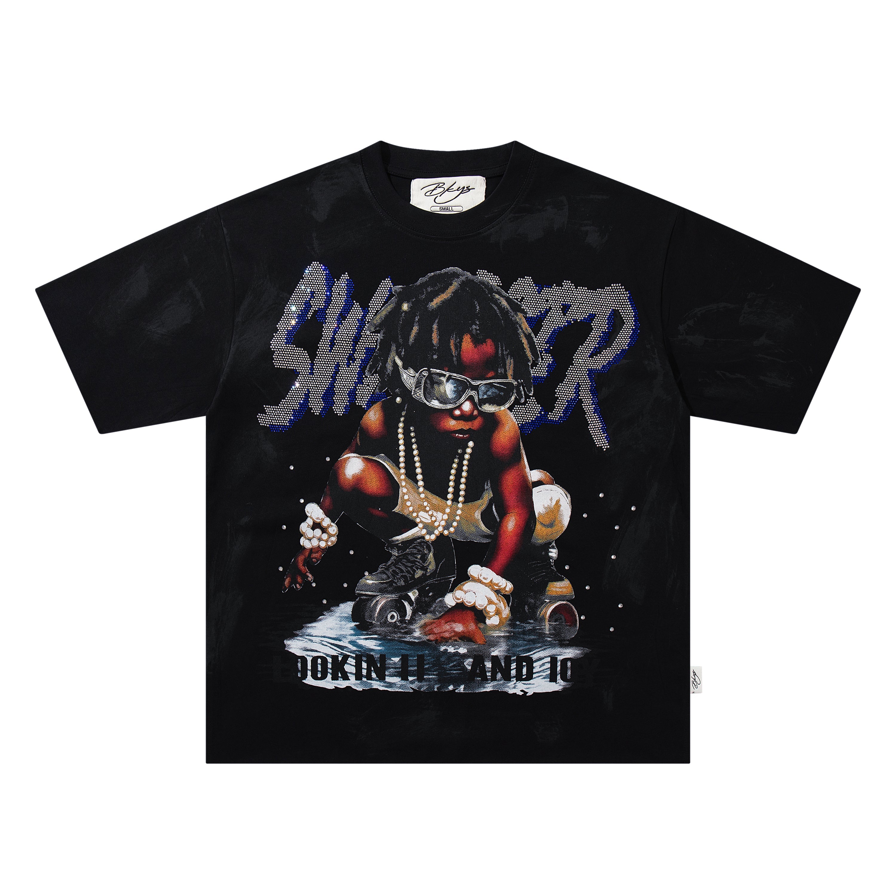 BKYS Roller Skate Kid Rhinestone Black Oversized Graphic T-Shirt