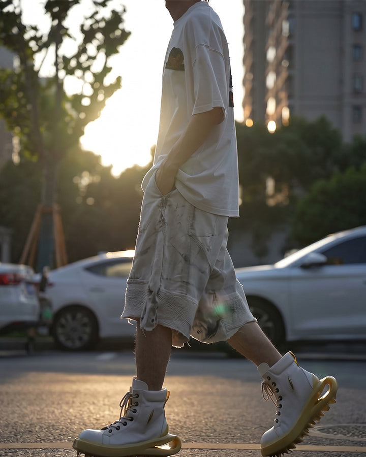 Dark Techwear Elastic-Waist Deconstructed Shorts