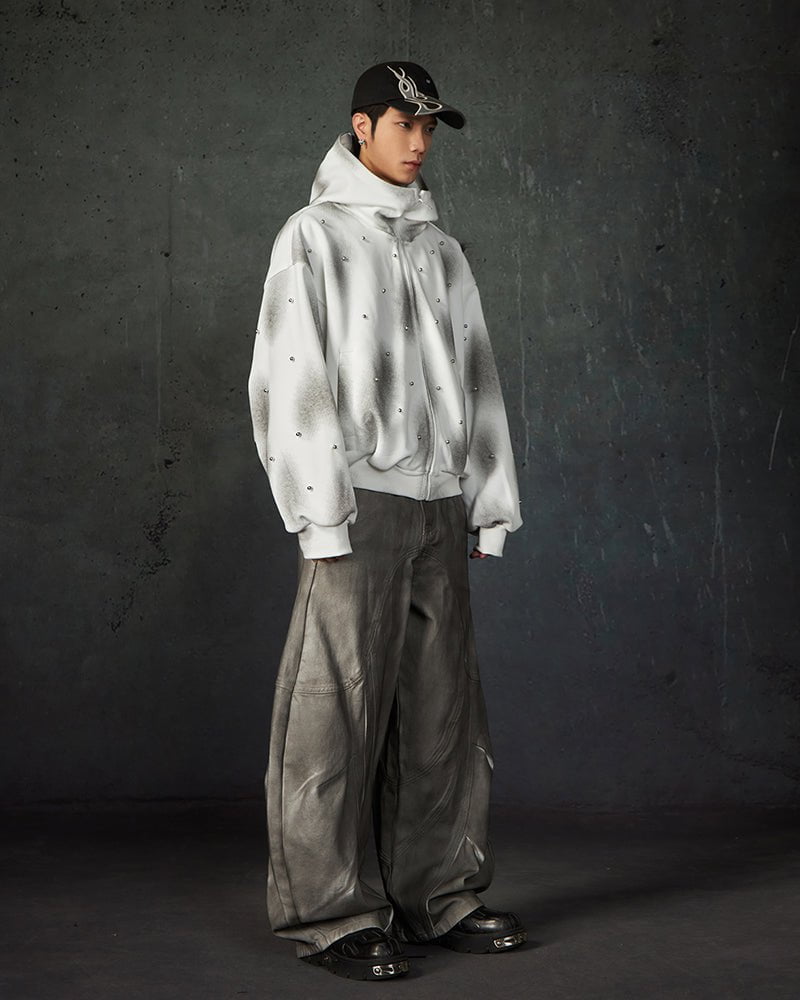 Pearl-Detailed Dirty Wash Zip Hoodie Jacket
