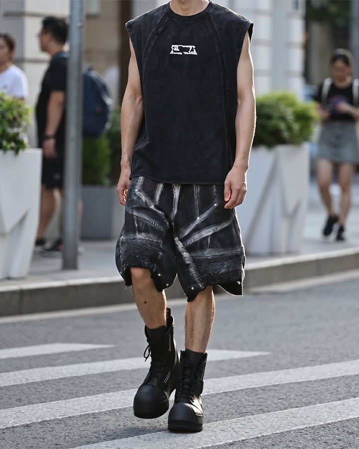 Dark Techwear Elastic-Waist Deconstructed Shorts