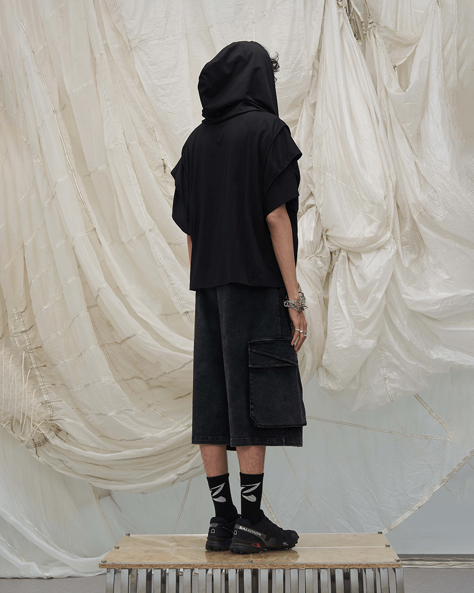 Washed Cargo Denim 8/10 Pants w/ Detachable Bandana-Black