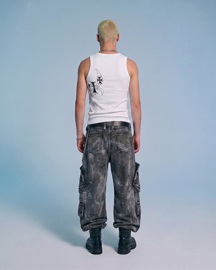 Heavy Washed Ink-Splatter Deconstructed Denim Jeans