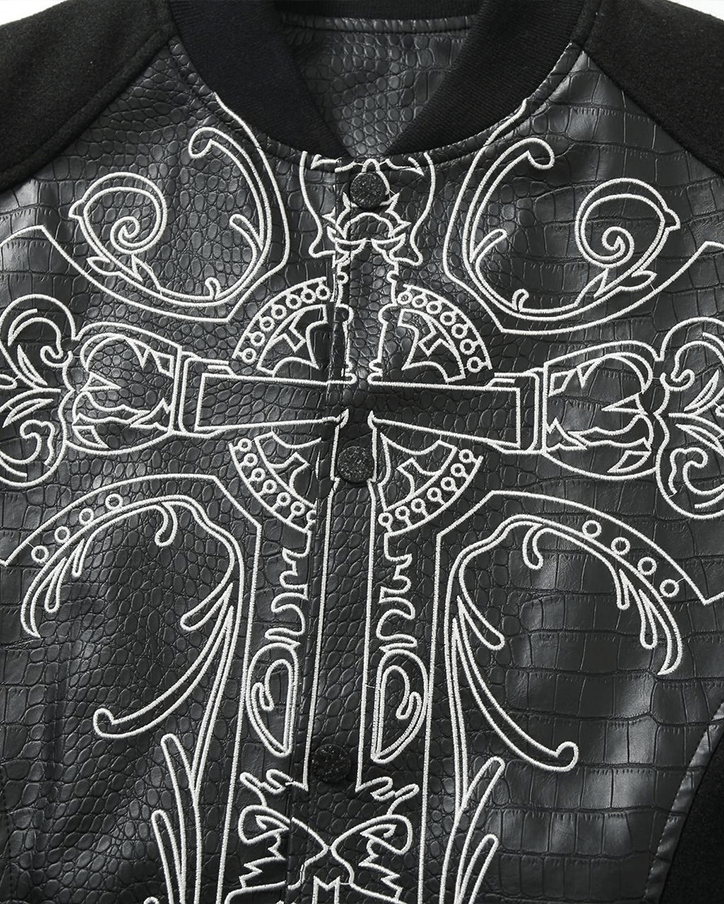 Gothic Cross Embroidered Faux Leather Varsity Jacket