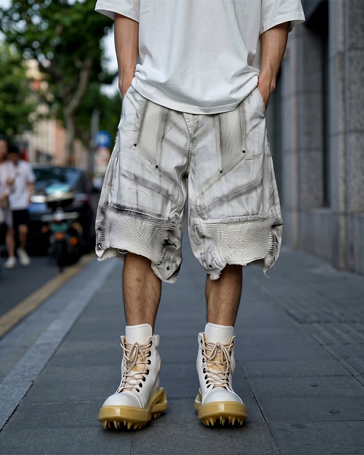 Dark Techwear Elastic-Waist Deconstructed Shorts