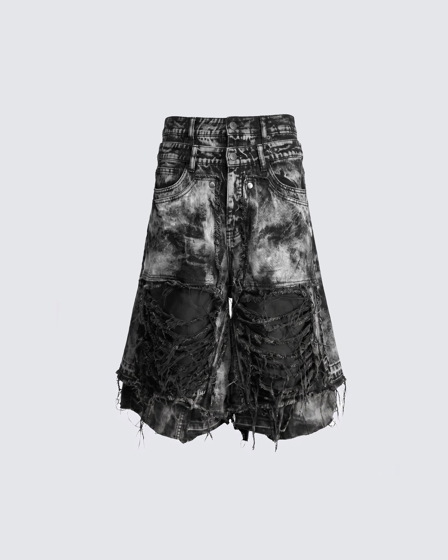 KIIKIO-Distressed Washed Layered Denim Shorts New