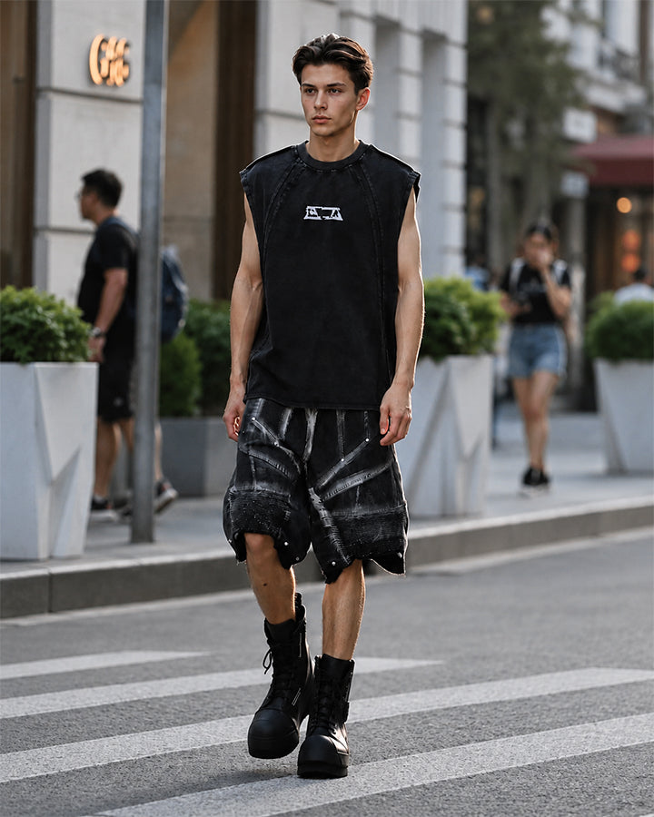 Dark Techwear Elastic-Waist Deconstructed Shorts