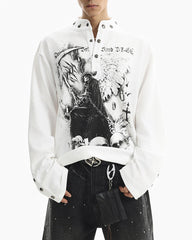 Street Printed Stand Collar Long Sleeve Polo Shirt