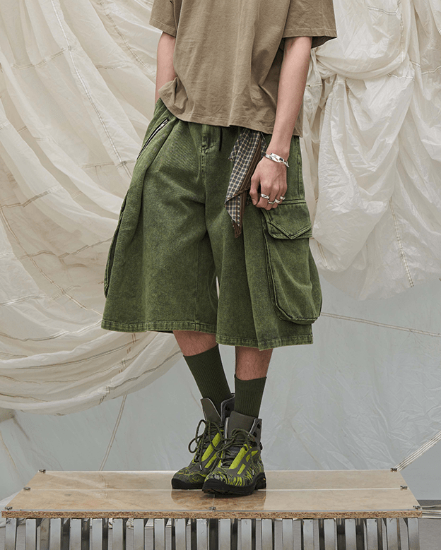 Washed Cargo Denim 8/10 Pants w/ Detachable Bandana
