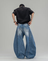 Pleated Blade-Cut Washed Jeans