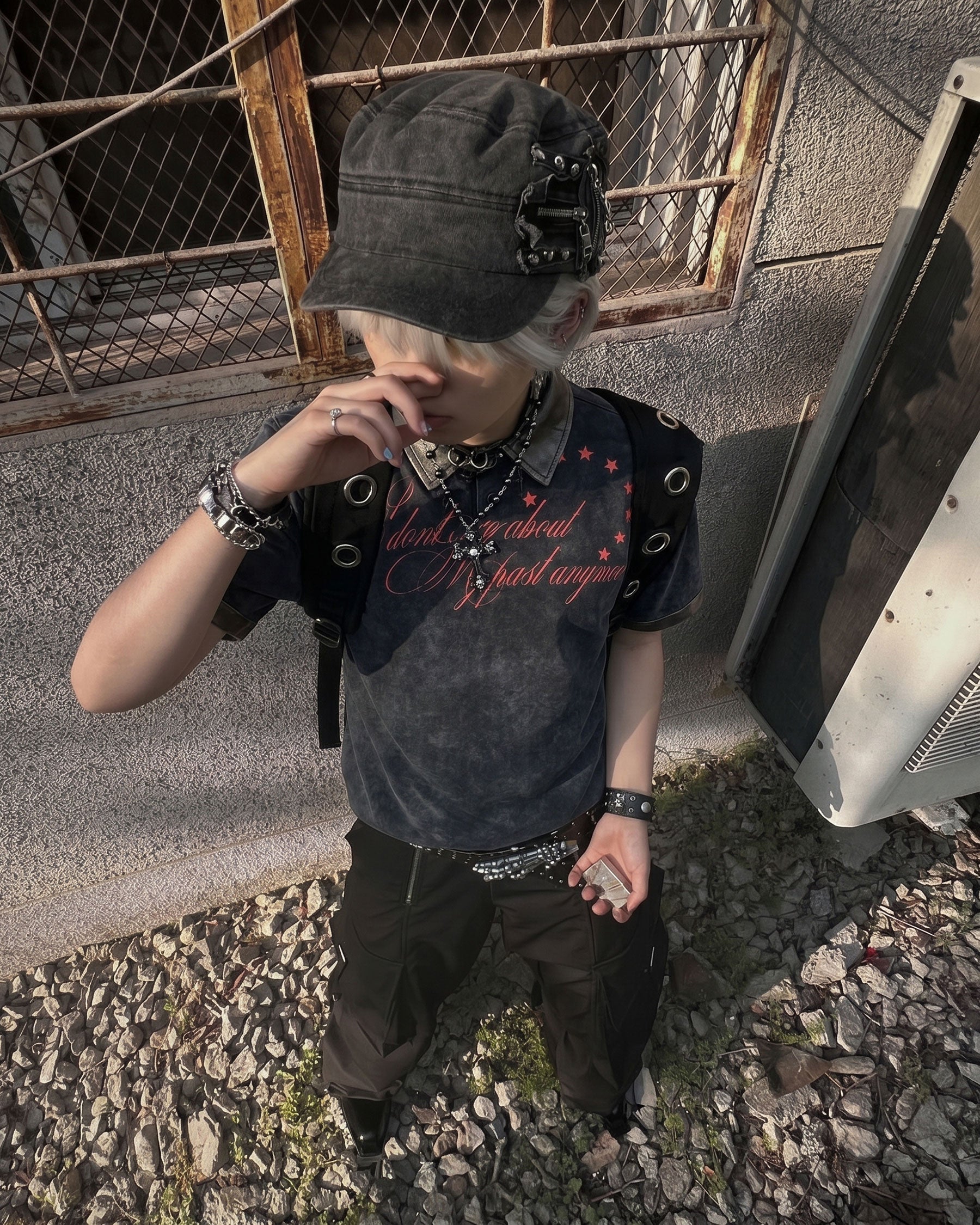 KIIKIO -New Vintage Washed Letter Print Polo Shirt