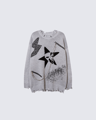Punk Star Chain Distressed Knit Sweater