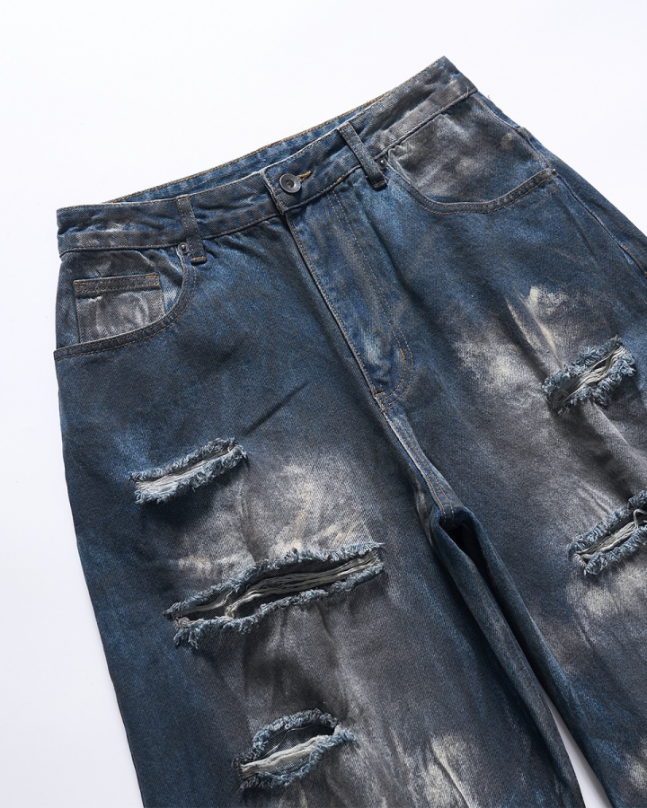 Gradient Bleach Distressed Wide Leg Denim Pants