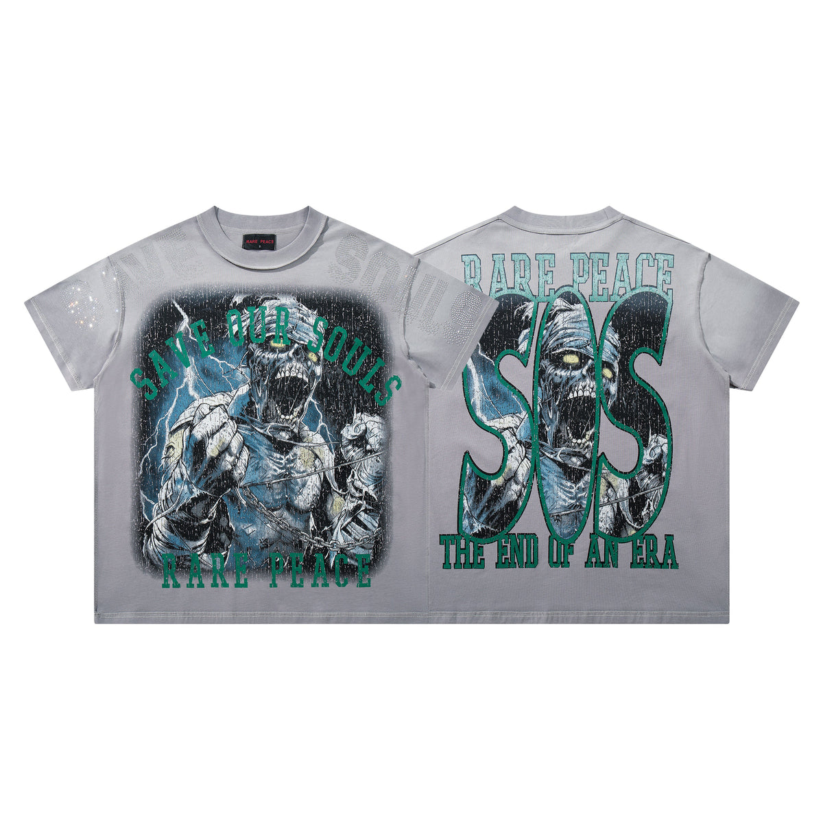 Rare Peace Save Our Souls SOS Grey Washed Oversized Graphic T‑Shirt Hip Hop Streetwear