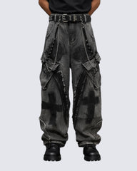 （Clearance）Paint-Splattered Distressed Wide-Leg Jeans