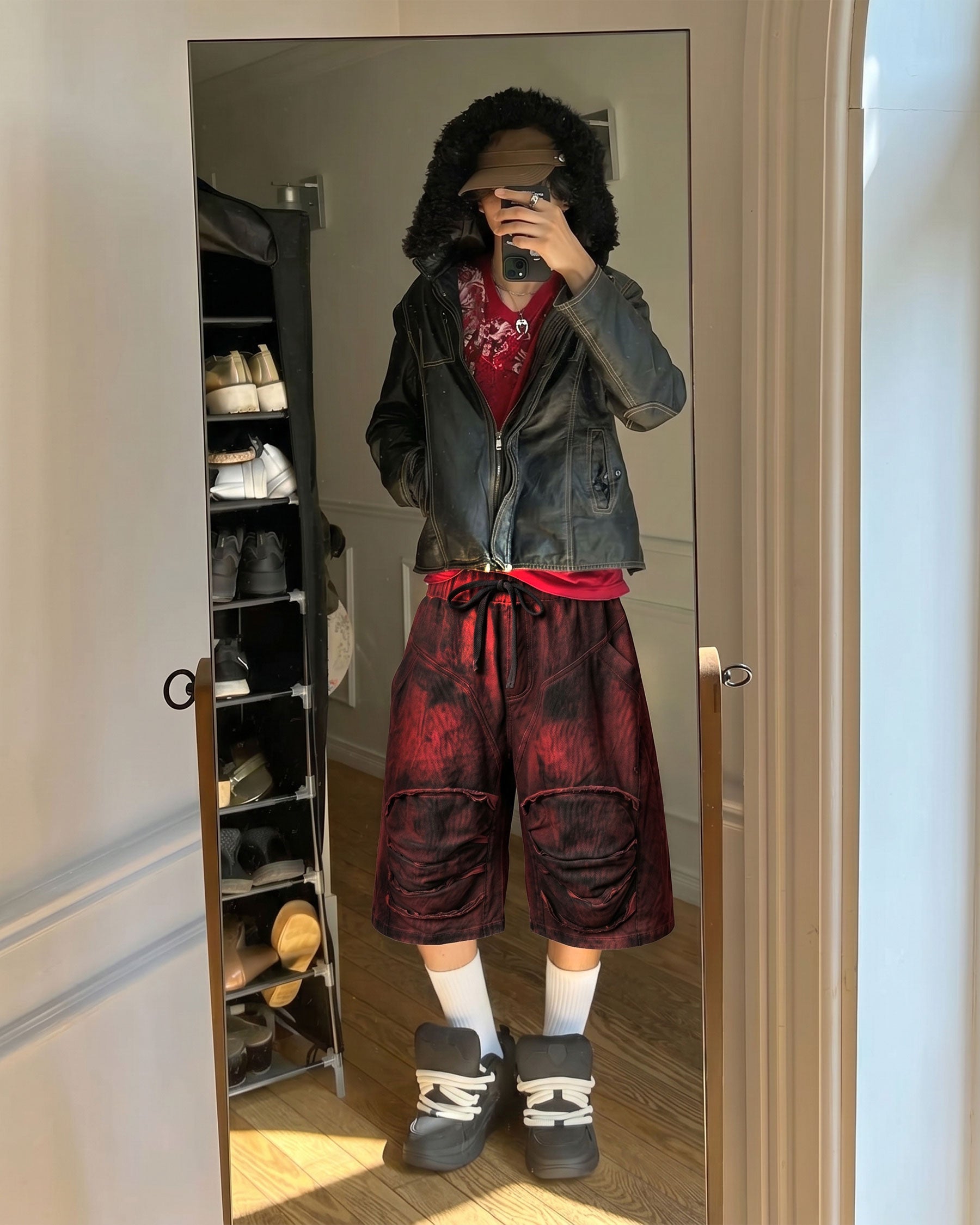 KIIKIO -New Washed Distressed Panel Drawstring Shorts