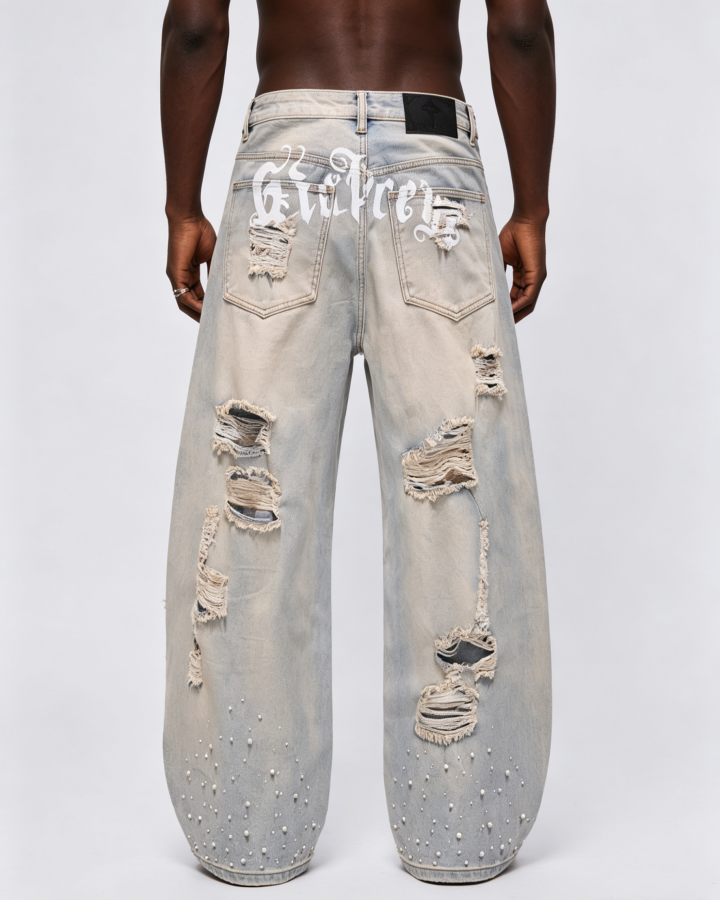 Pearl Rhinestone Ripped Barrel Washed Denim Pants