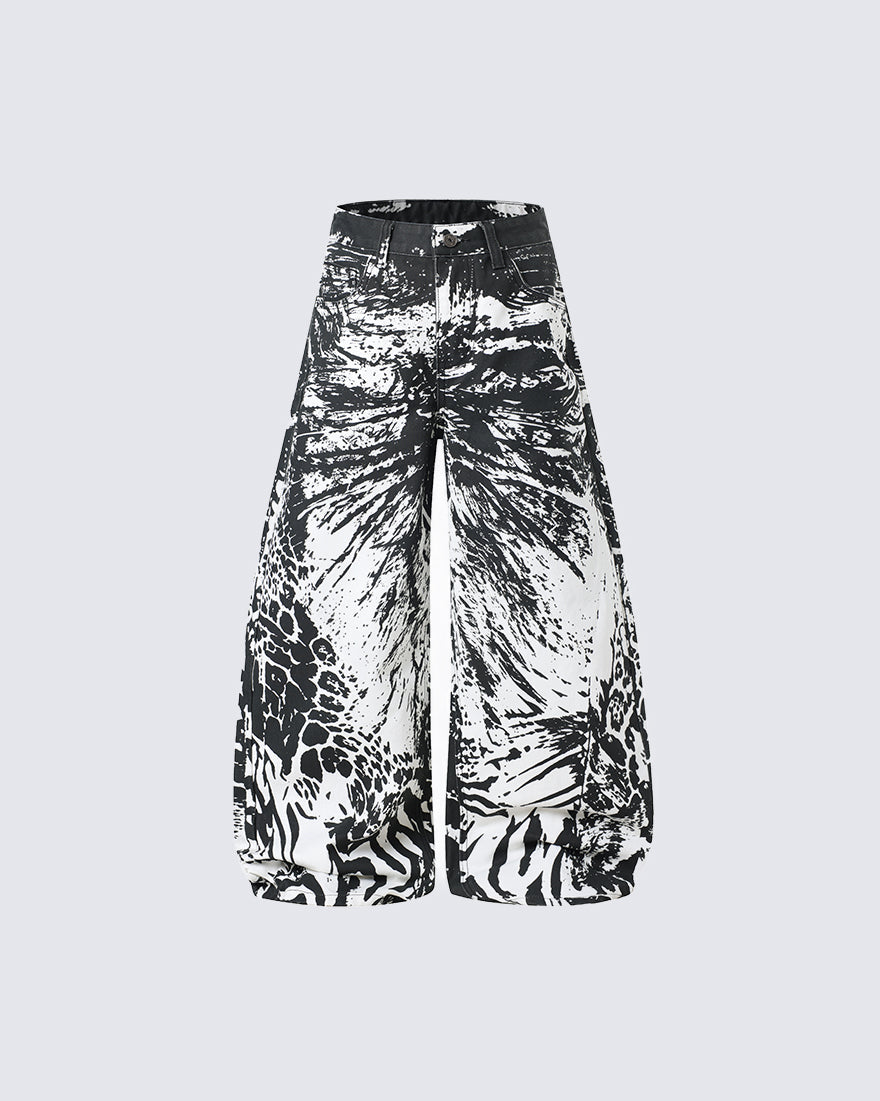 Monochrome Abstract Graphic Wide Leg Denim Pants